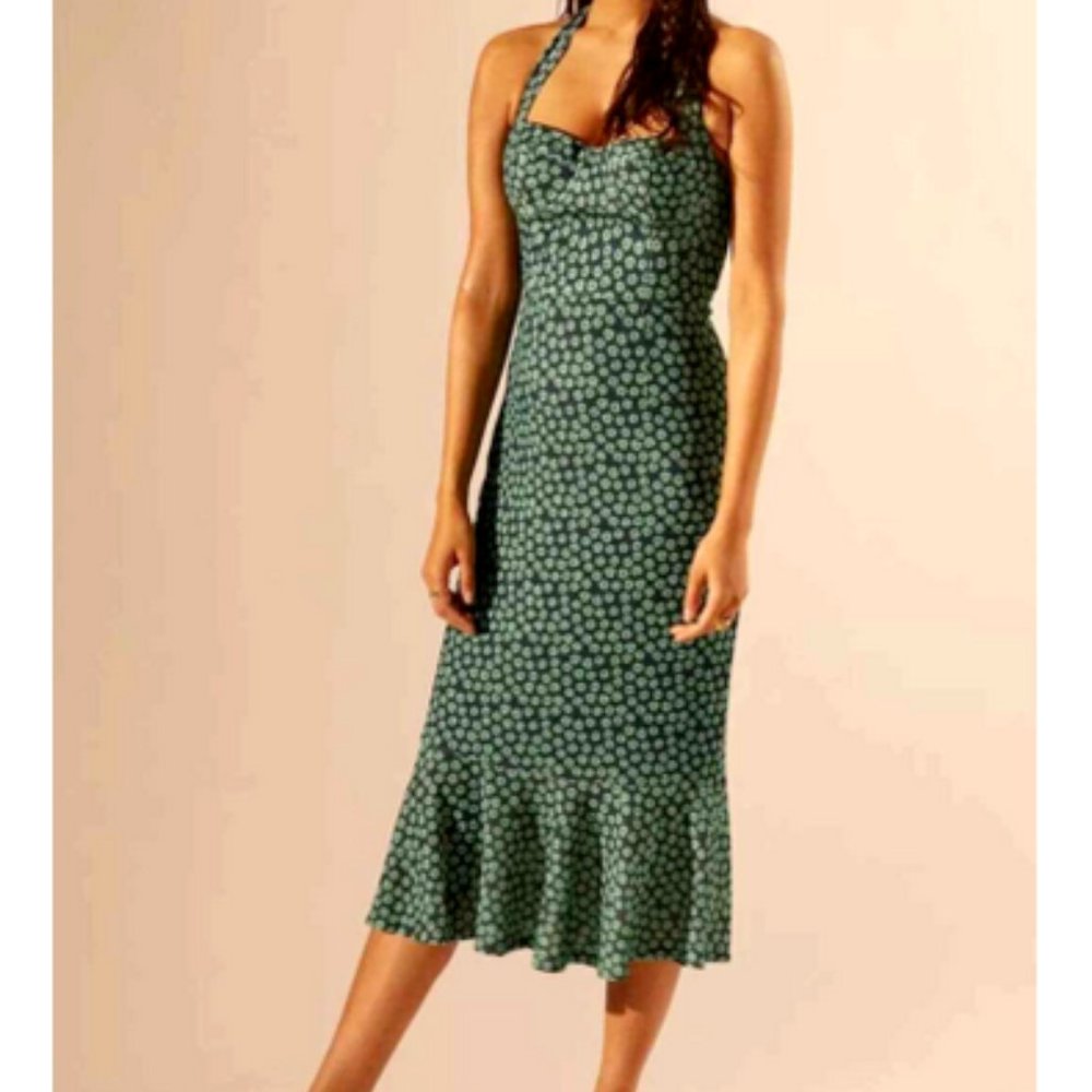 Anthropologie S NWOT Hutch Halter Floral Corset Midi Dress Green Blue Rockabilly